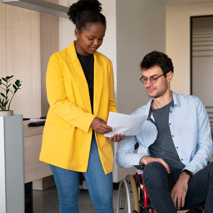 A professional NDIS service provider in Bankstown assisting a person in a wheelchair with documentation and support.